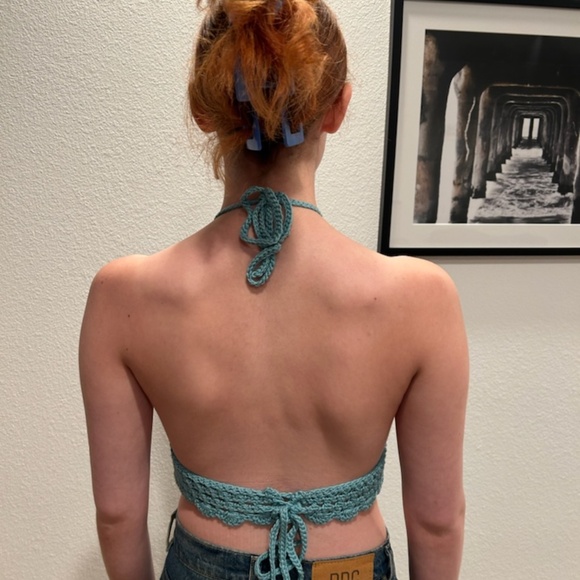HAND CRAFTED CROCHET HALTER SMALL BOHEMIAN HIPPIE CROP TANK TOP OFF THE SHOULDER - Picture 3 of 5
